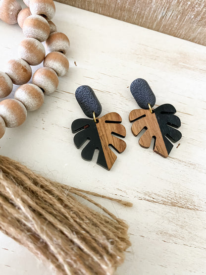 Black walnut and resin monstera polymer clay dangle earrings collection