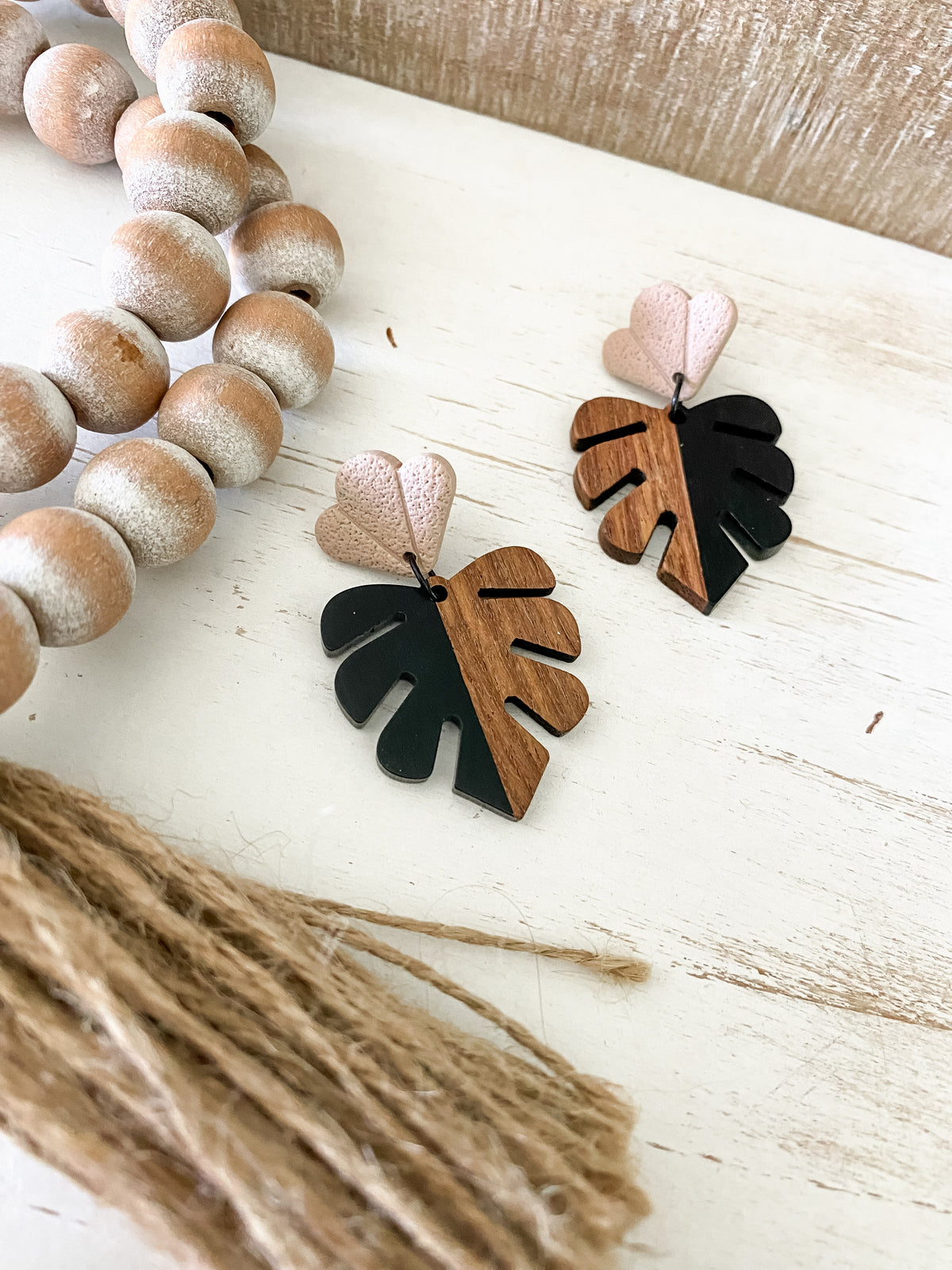 Black walnut and resin monstera polymer clay dangle earrings collection