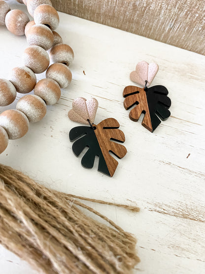 Black walnut and resin monstera polymer clay dangle earrings collection