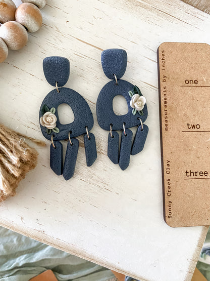 Dark blue floral handmade polymer clay earrings (two options available)
