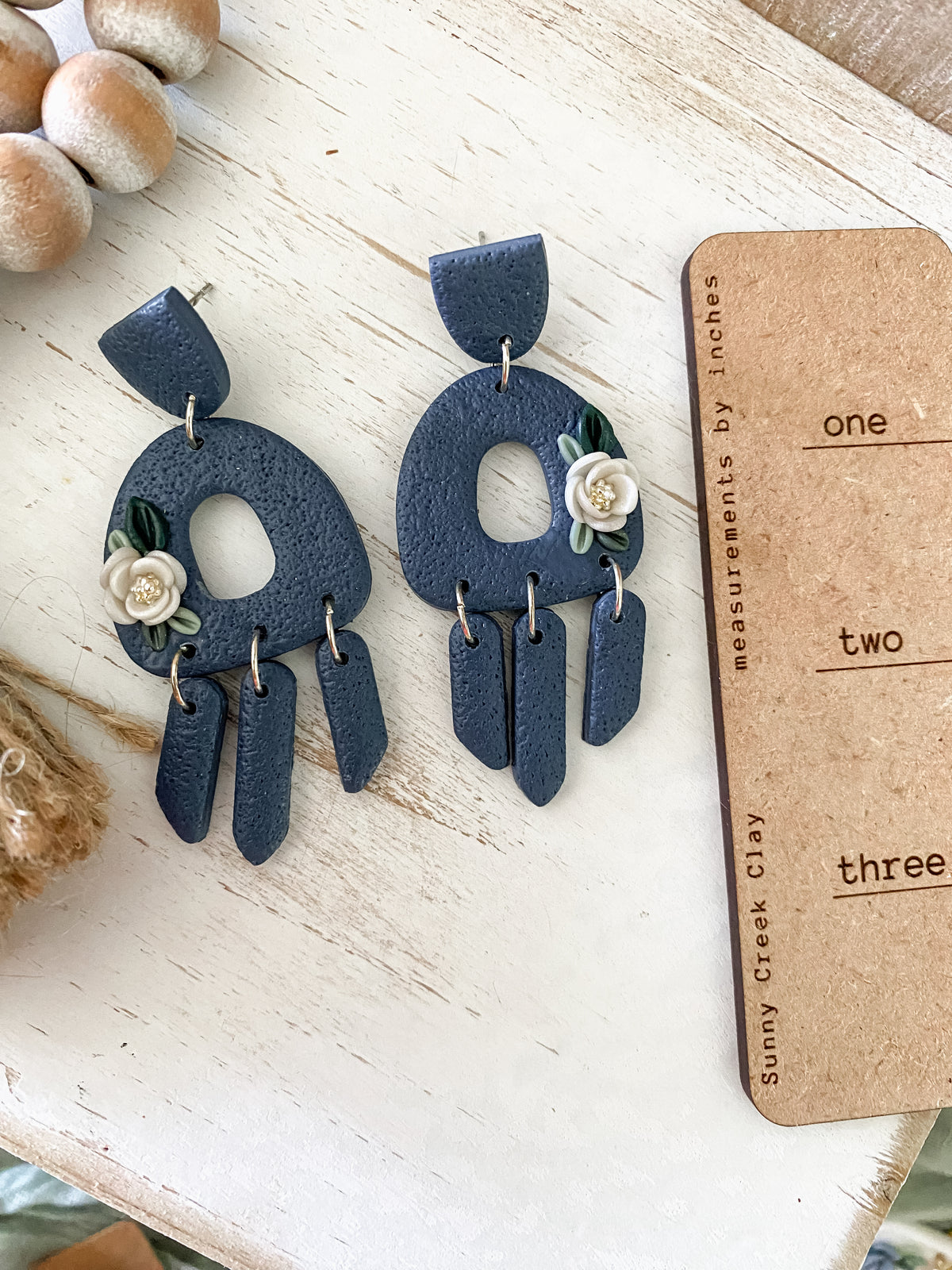 Dark blue floral handmade polymer clay earrings (two options available)