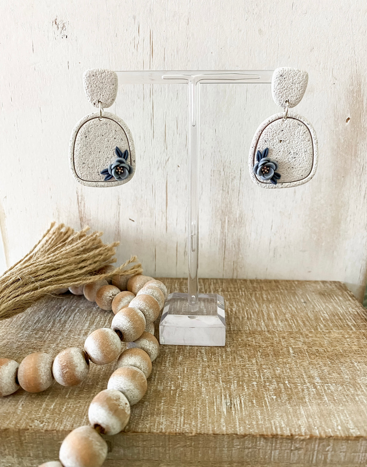 Concrete grey floral handmade polymer clay earrings