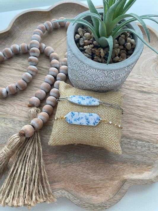 Blue leaf handmade polymer clay bracelet collection
