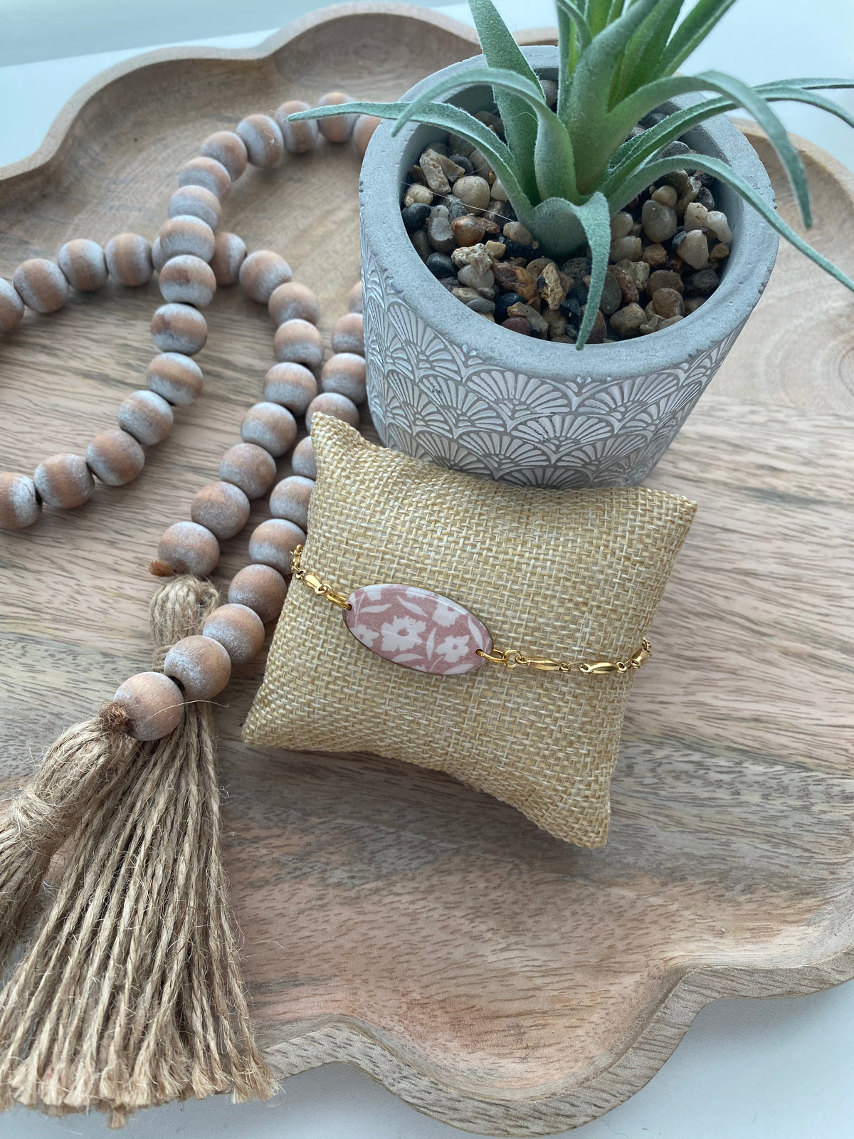 Pink & tan handmade floral polymer clay bracelet
