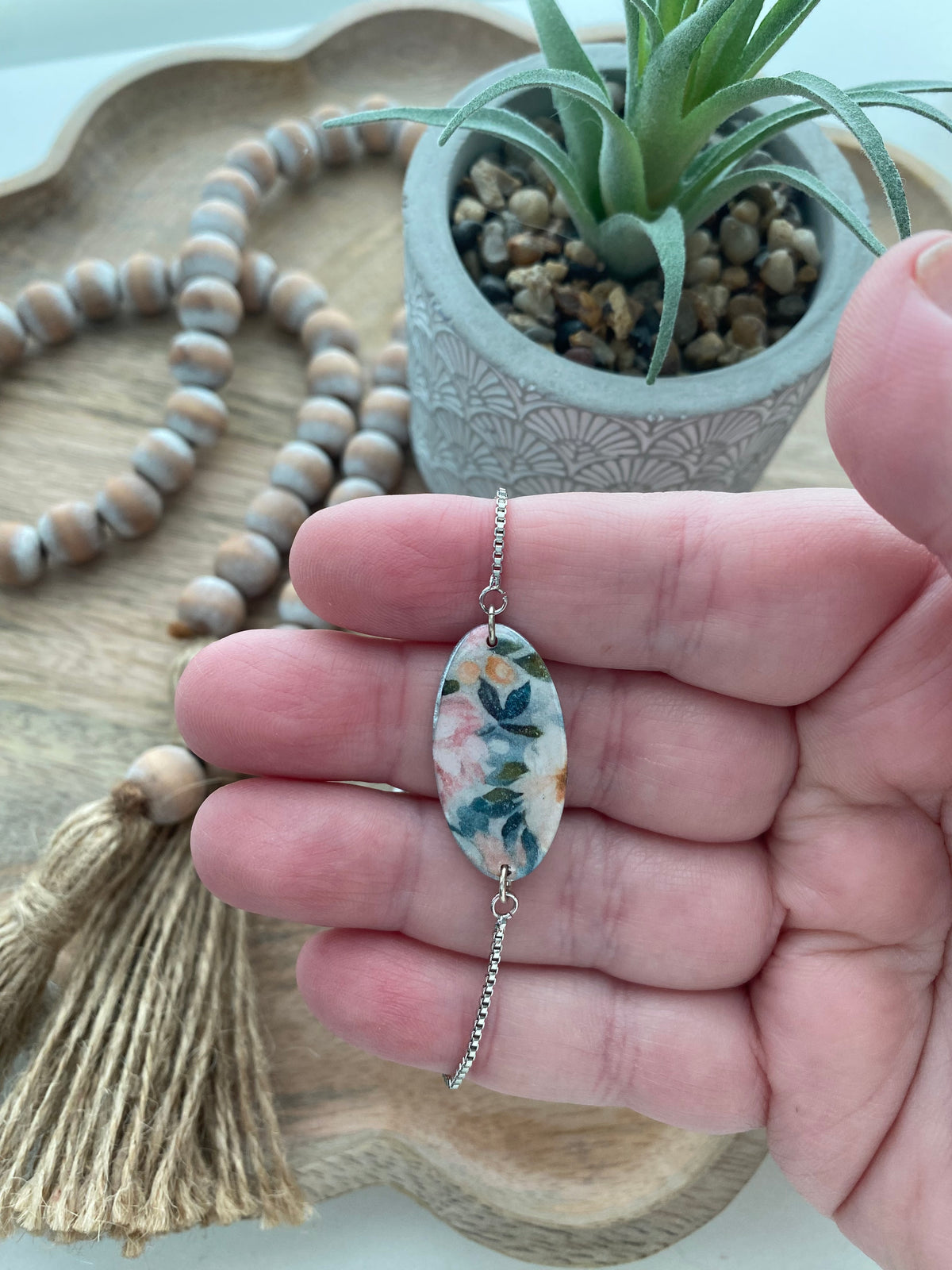 Blue floral handmade polymer clay bracele
