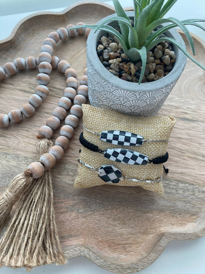 Large B&W checkered print handmade polymer clay bracelet collection
