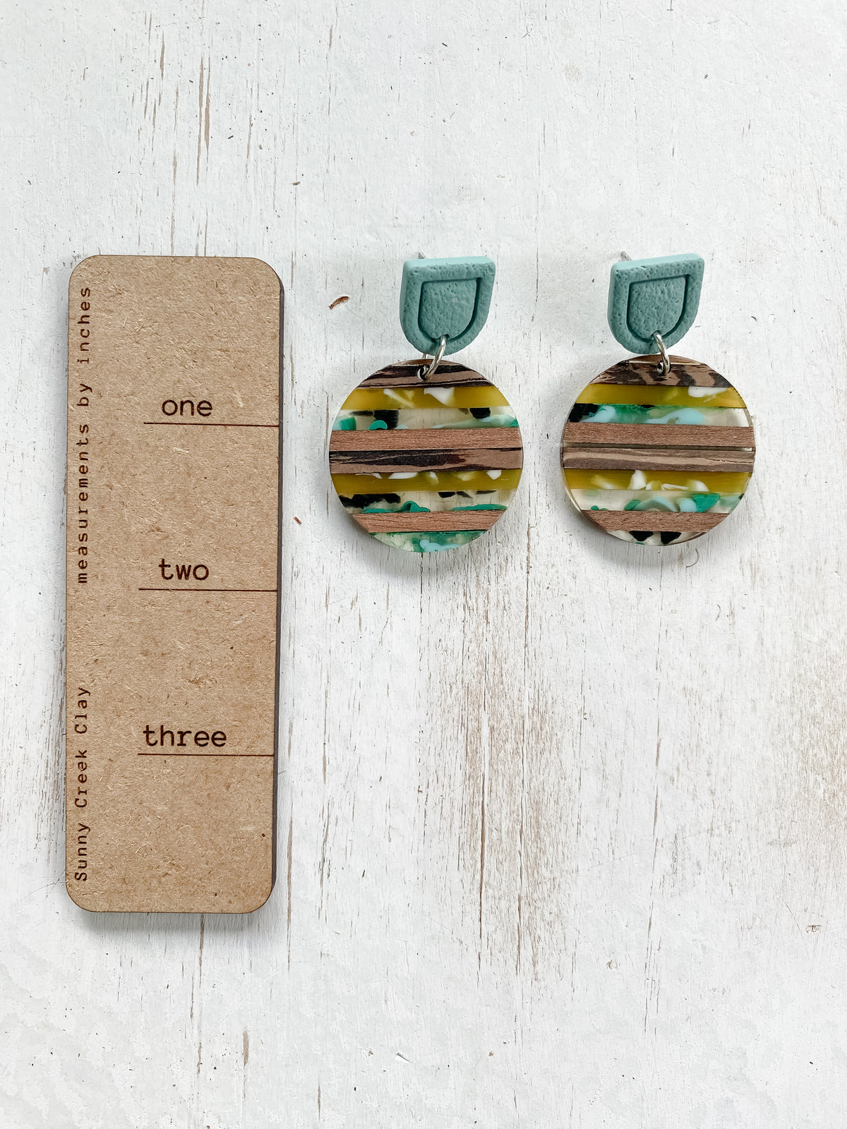 Teal striped resin polymer clay earrings collection