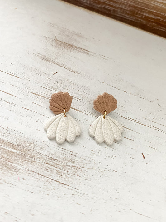 Tan and cream seashell handmade polymer clay earrings