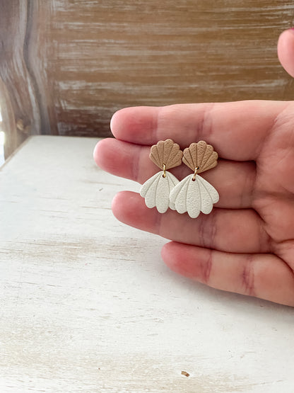 Tan and cream seashell handmade polymer clay earrings