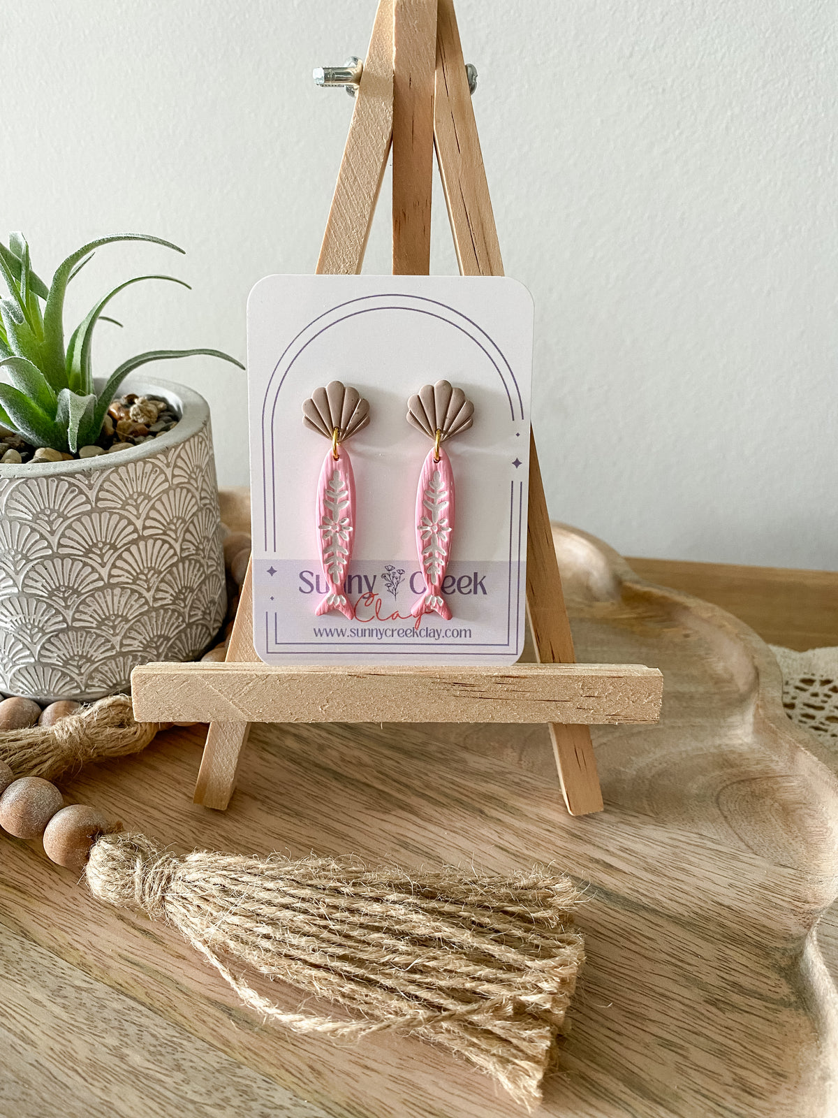 Modern fish & seashell handmade polymer clay earrings