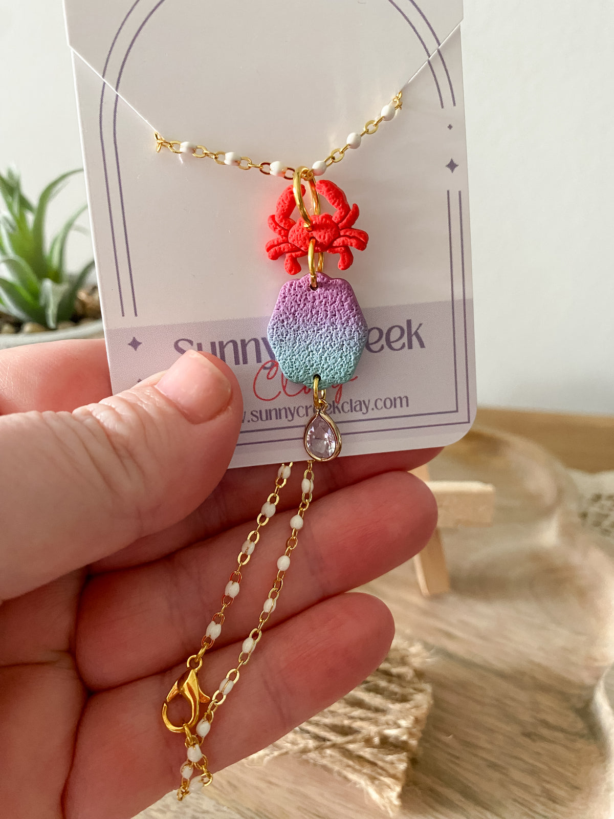 Mermaid inspired crab handmade polymer clay necklace