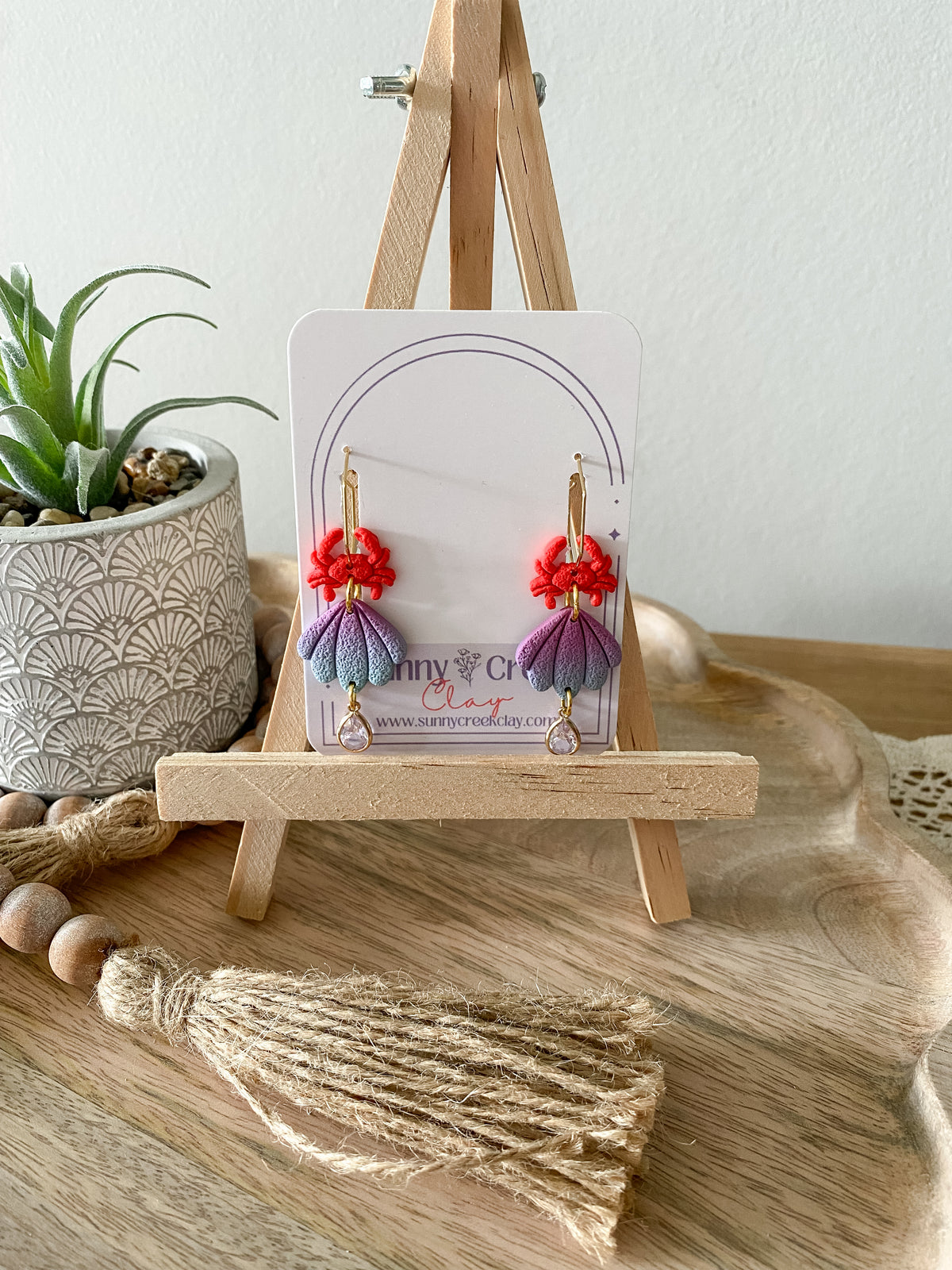 Crab seashell handmade polymer clay earrings