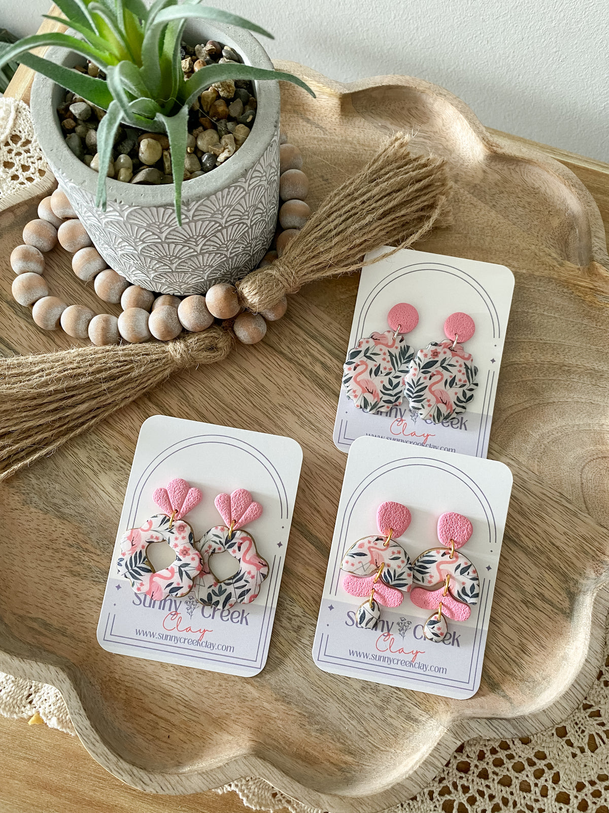 Pink and blue flamingo print handmade polymer clay earring collection