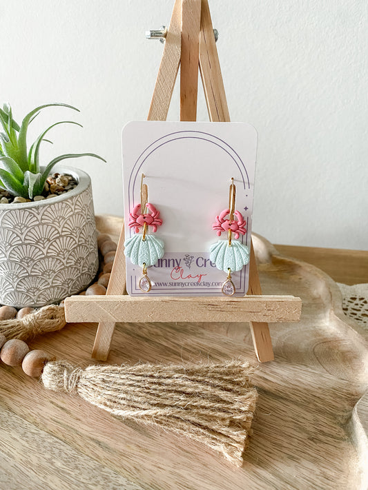 Pink crab & seashell handmade polymer clay earrings