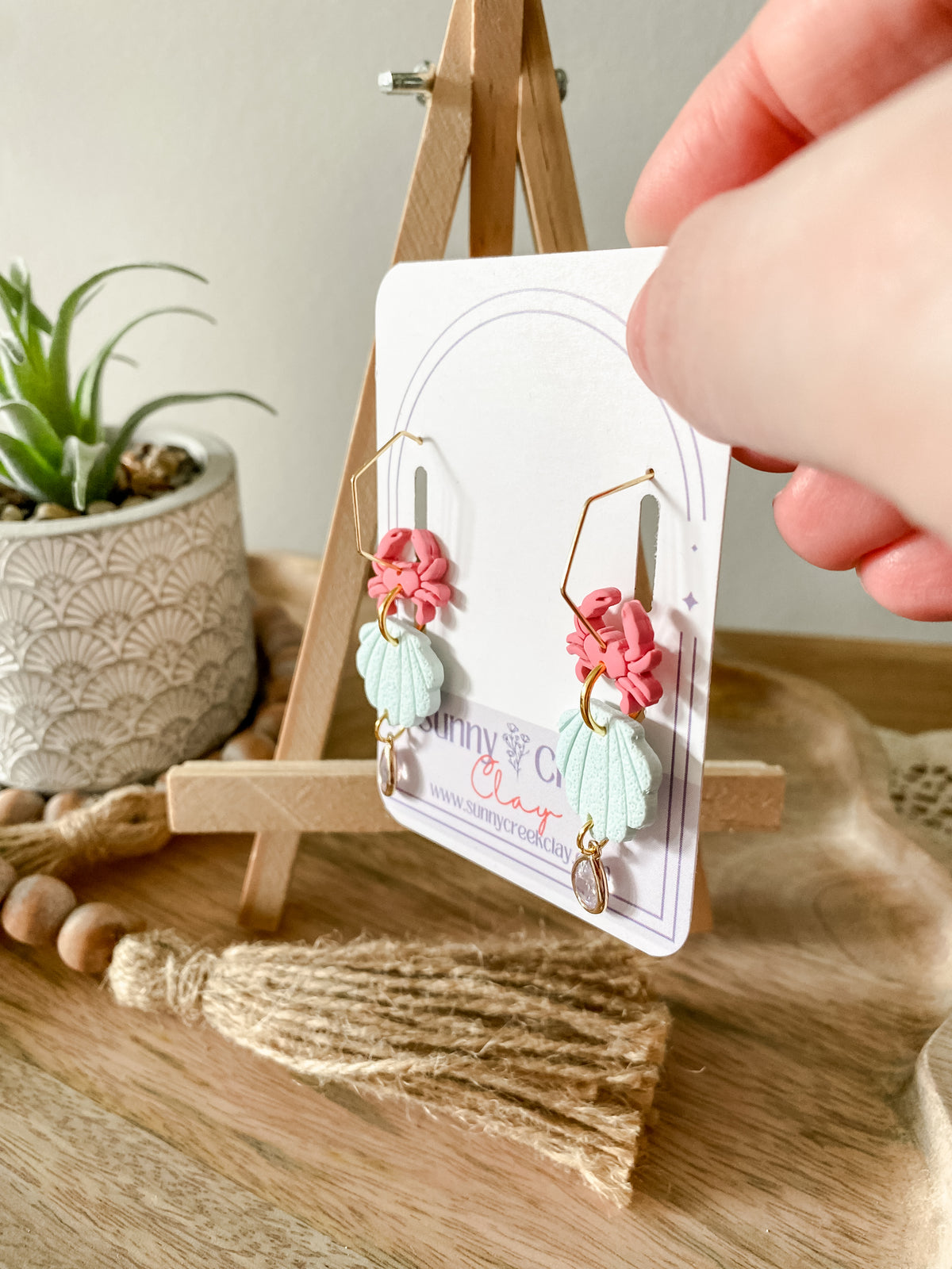 Pink crab & seashell handmade polymer clay earrings