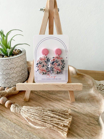 Pink and blue flamingo print handmade polymer clay earring collection