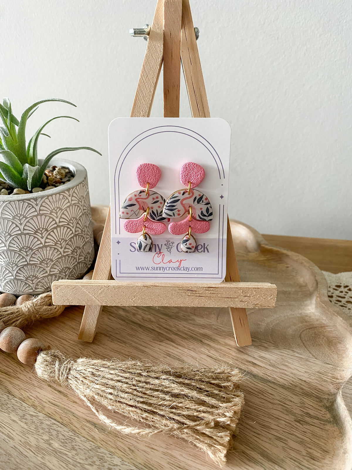 Pink and blue flamingo print handmade polymer clay earring collection