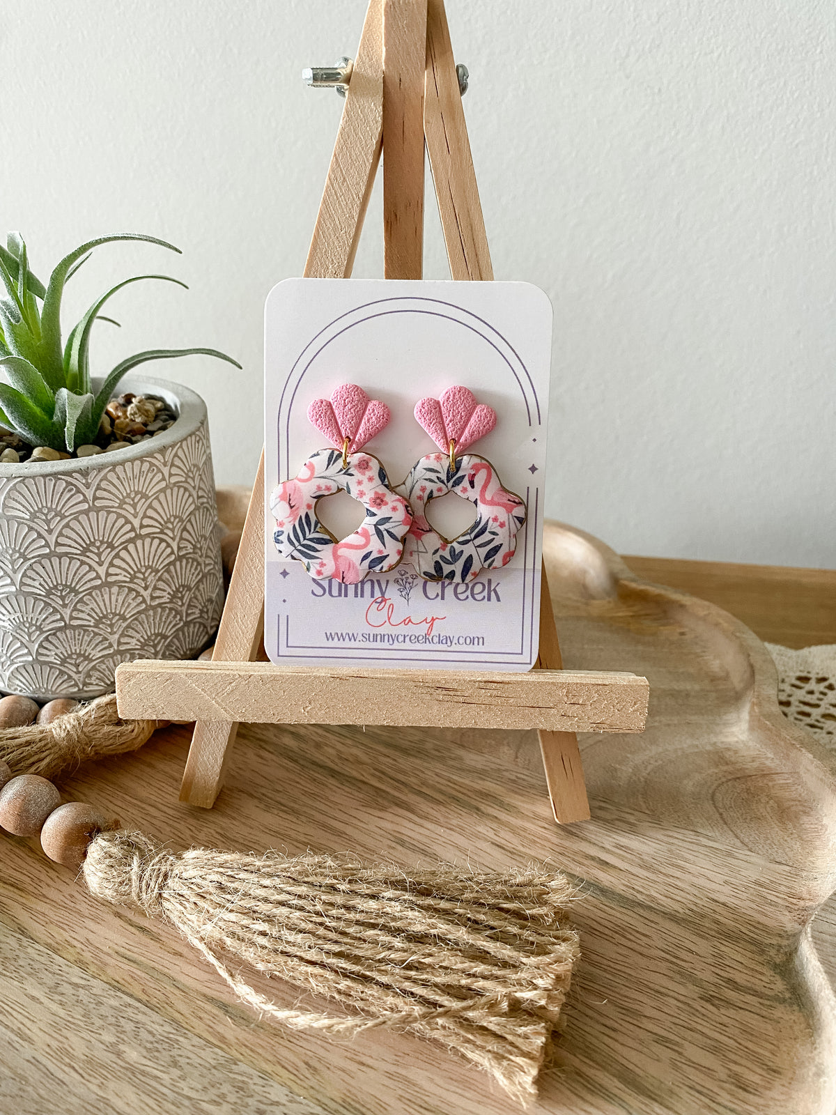Pink and blue flamingo print handmade polymer clay earring collection