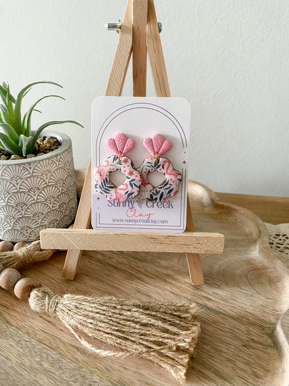 Pink and blue flamingo print handmade polymer clay earring collection