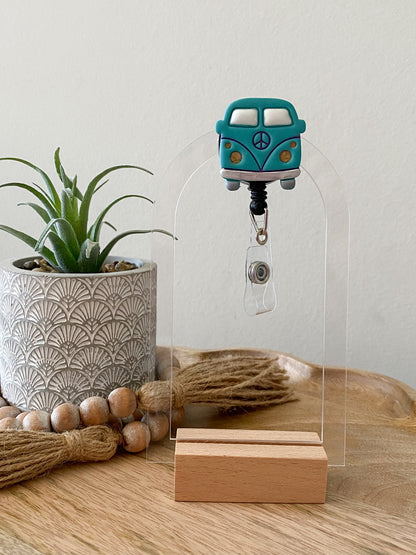Blue VW Van handmade polymer clay badge reel