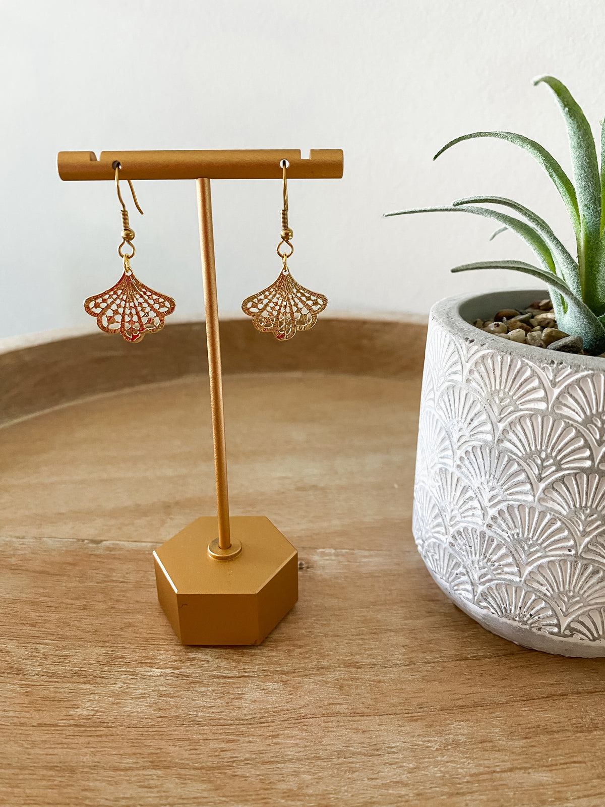 Gold Ornate Fan Dangle Earrings