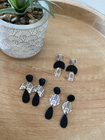 Black and white geometric print handmade polymer clay earring collection