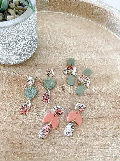 Soft pink and green floral handmade polymer clay earring collection