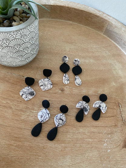 Black & white floral print handmade polymer clay earring collection