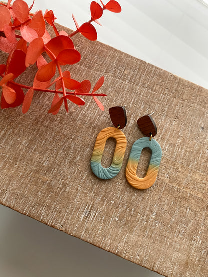 Blue and orange ombre oval earrings