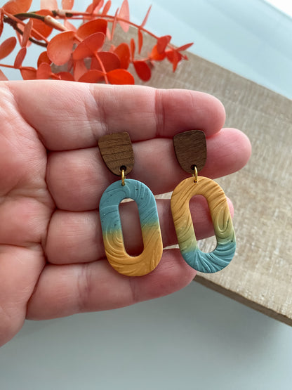 Blue and orange ombre oval earrings