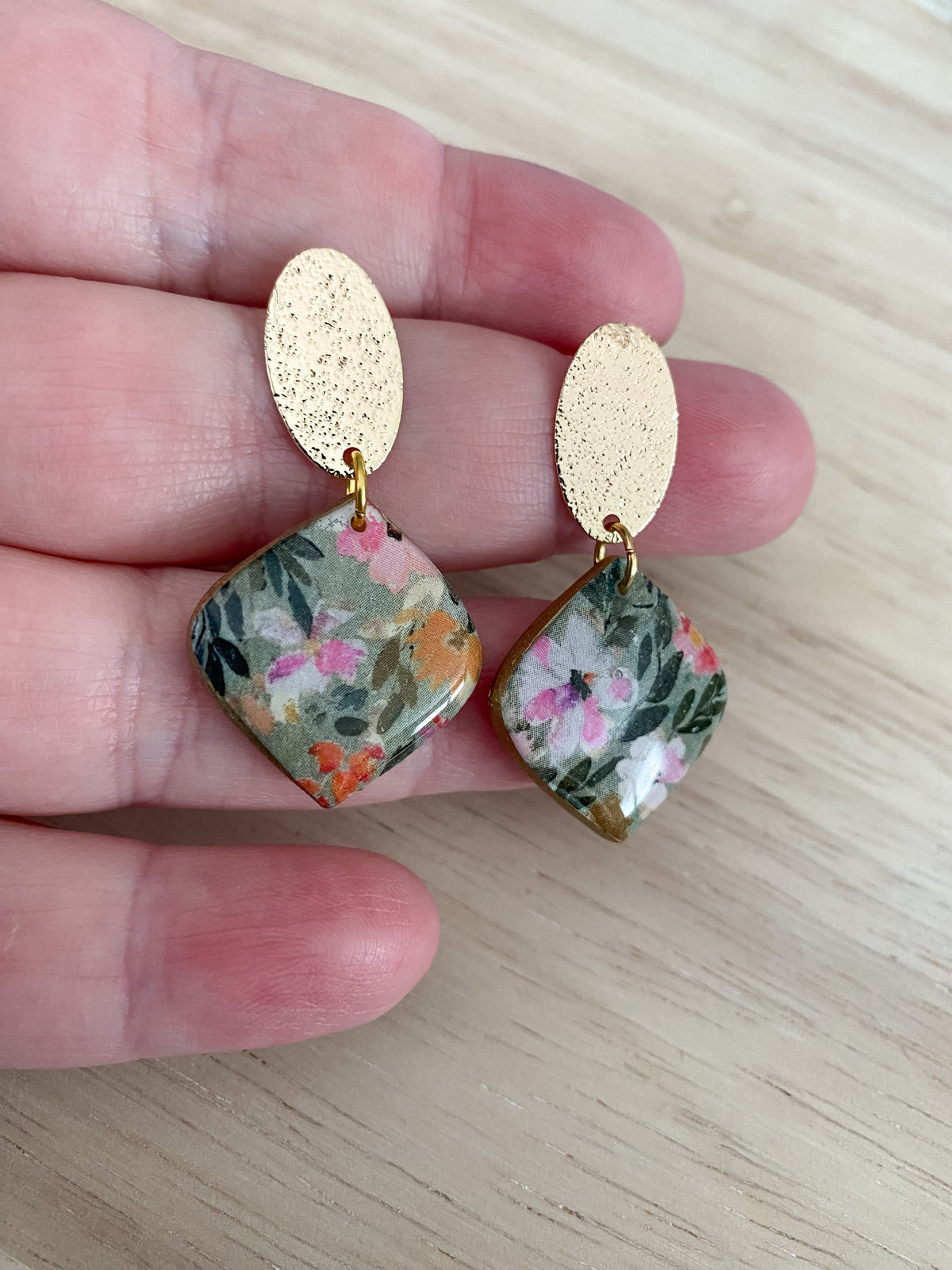 Green floral rounded teardrop handmade polymer clay earrings