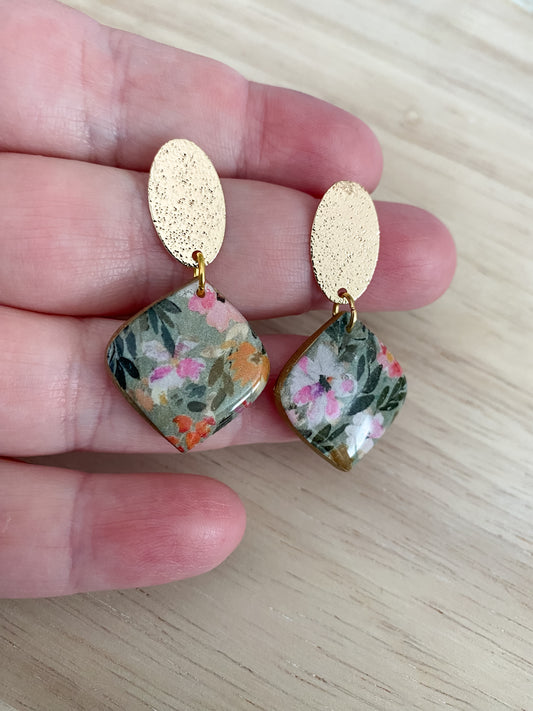 Green floral rounded teardrop handmade polymer clay earrings