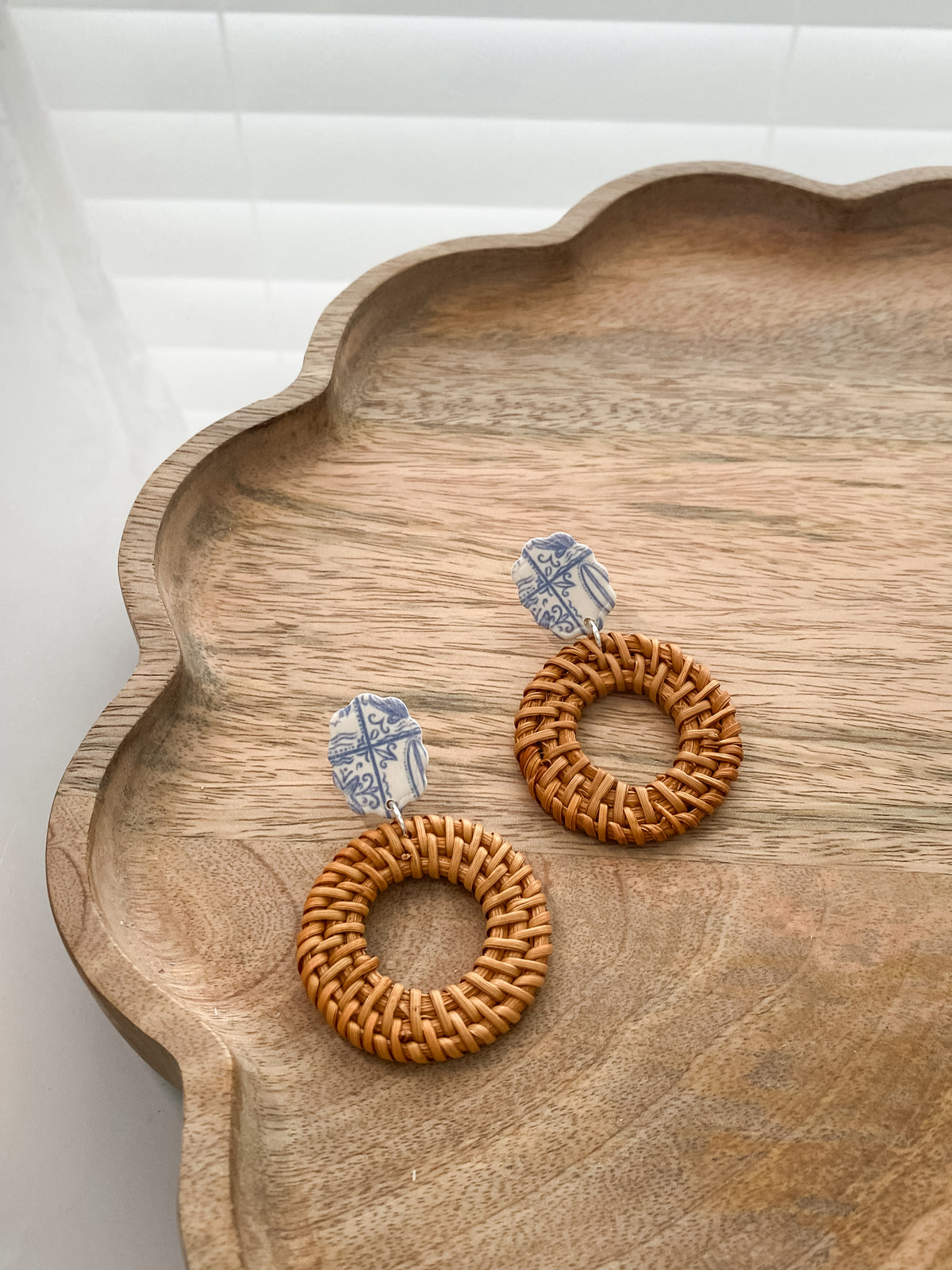 Coastal rattan circle handmade polymer clay earrings