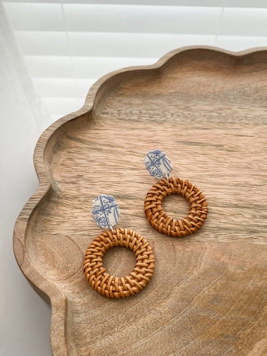 Coastal rattan circle handmade polymer clay earrings