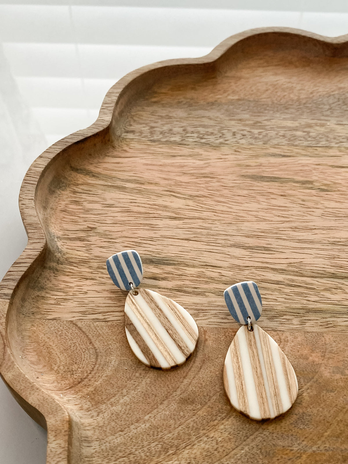 Blue striped polymer clay coastal earrings
