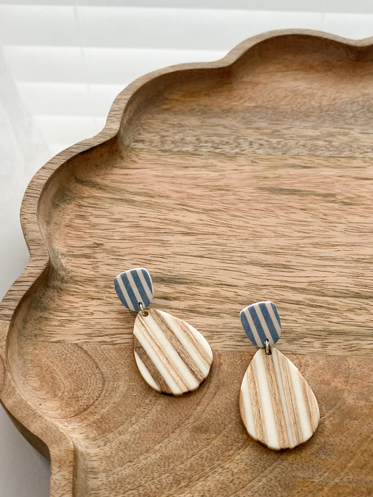 Blue striped polymer clay coastal earrings
