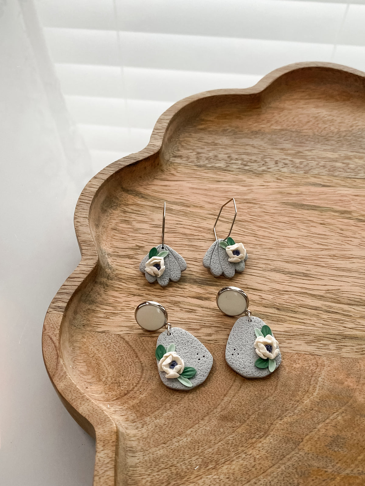 Soft blue floral handmade polymer clay earrings