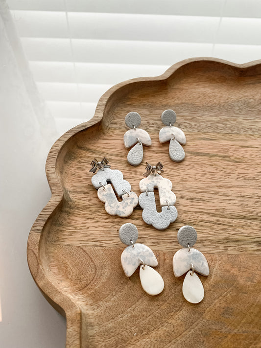 Soft blue handmade polymer clay earring collection