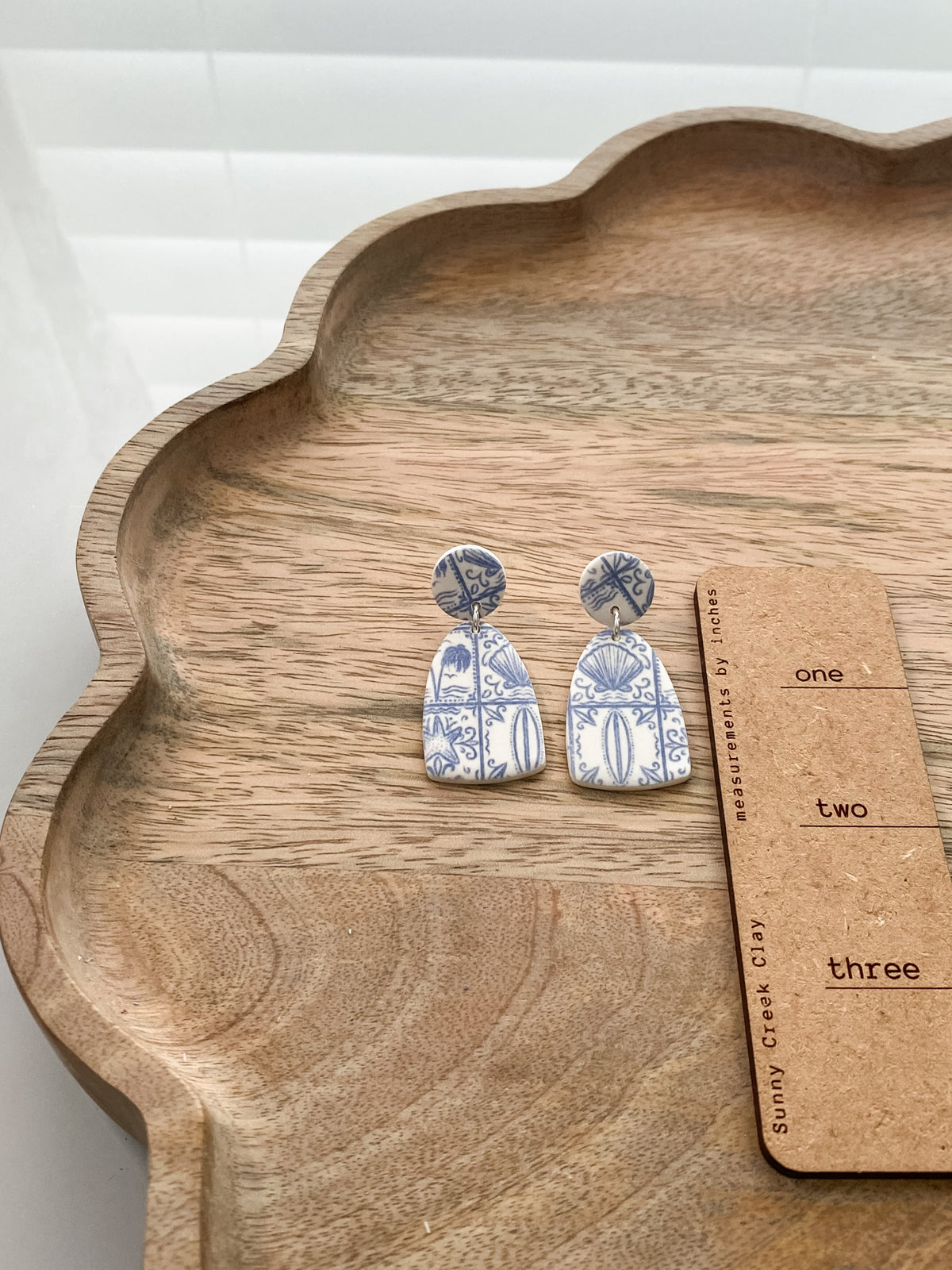 Coastal stamp print handmade polymer clay earrings