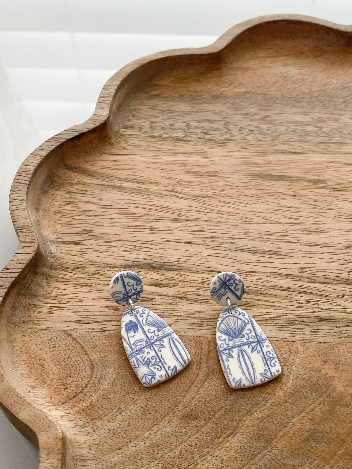 Coastal stamp print handmade polymer clay earrings