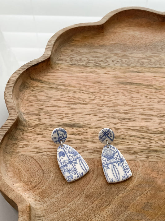 Coastal stamp print handmade polymer clay earrings