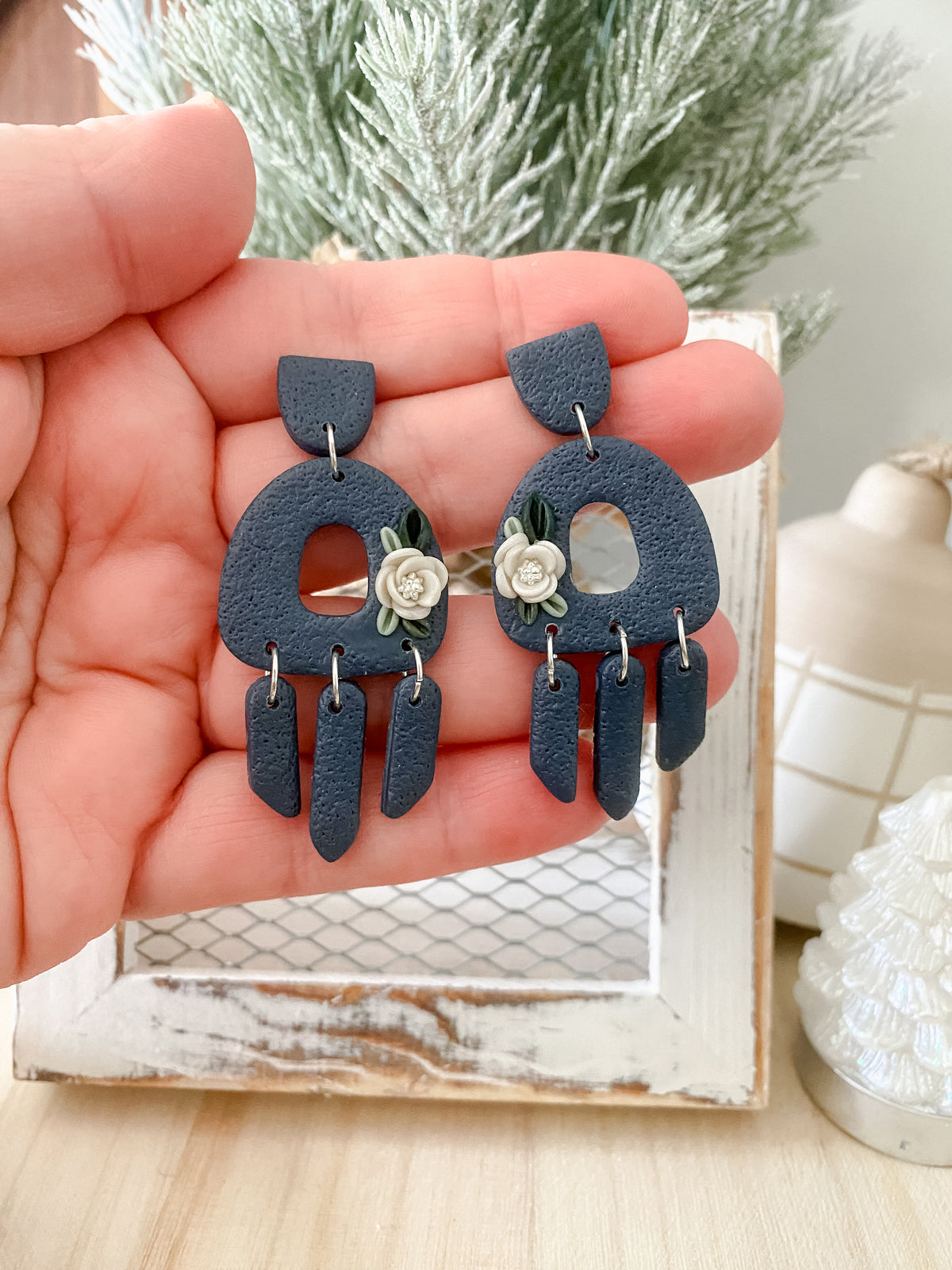 Dark blue floral handmade polymer clay earrings (two options available)