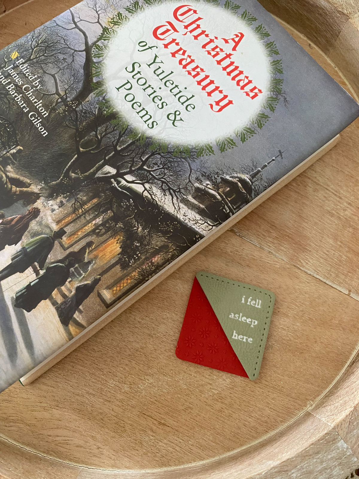 Soft green & red holiday handmade polymer clay corner bookmark