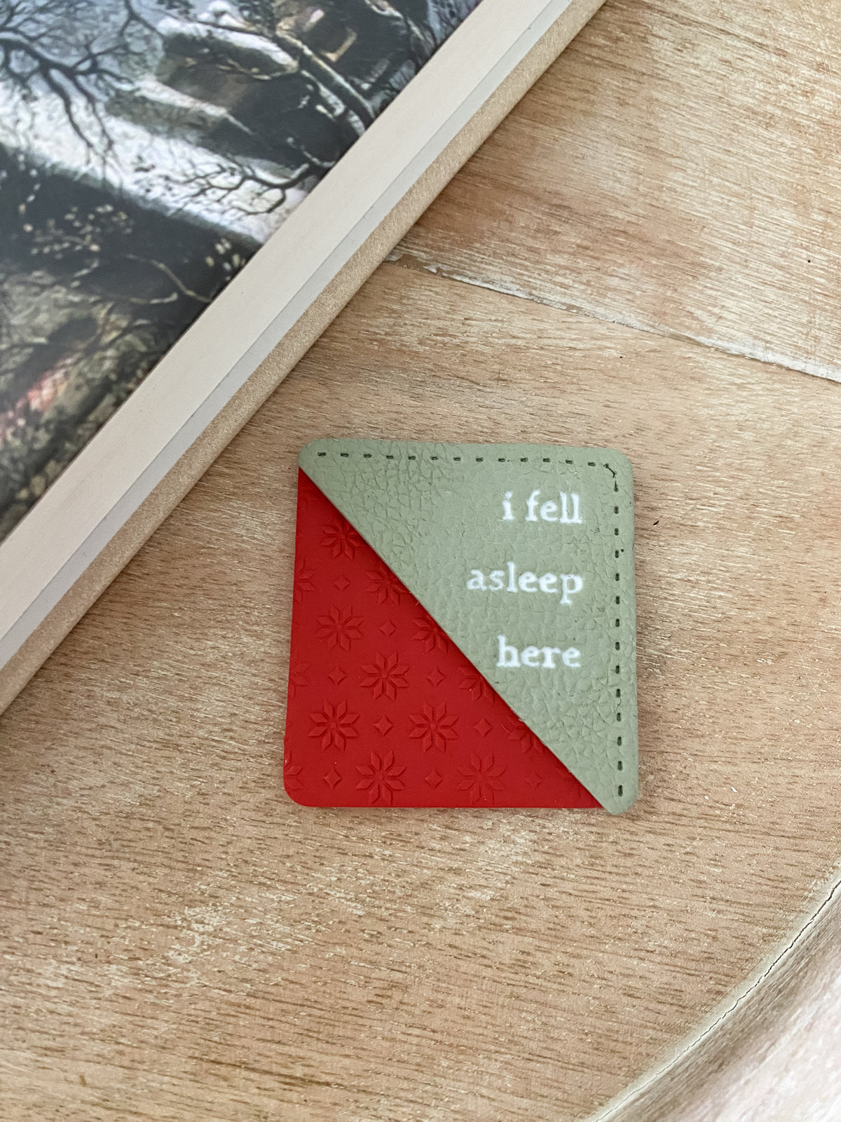 Soft green & red holiday handmade polymer clay corner bookmark