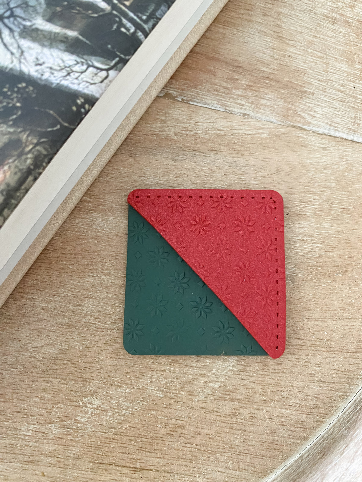 Red & green holiday handmade polymer clay corner bookmark