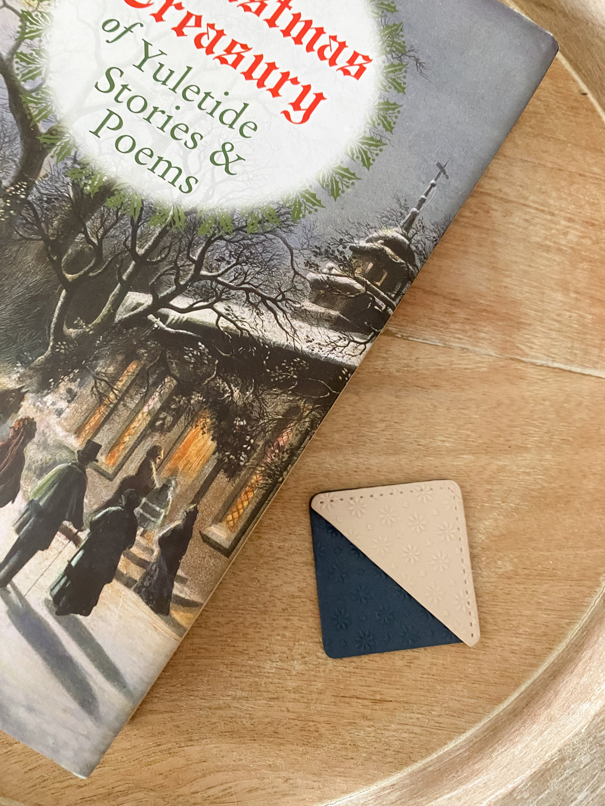 Soft tan & blue holiday handmade polymer clay corner bookmark