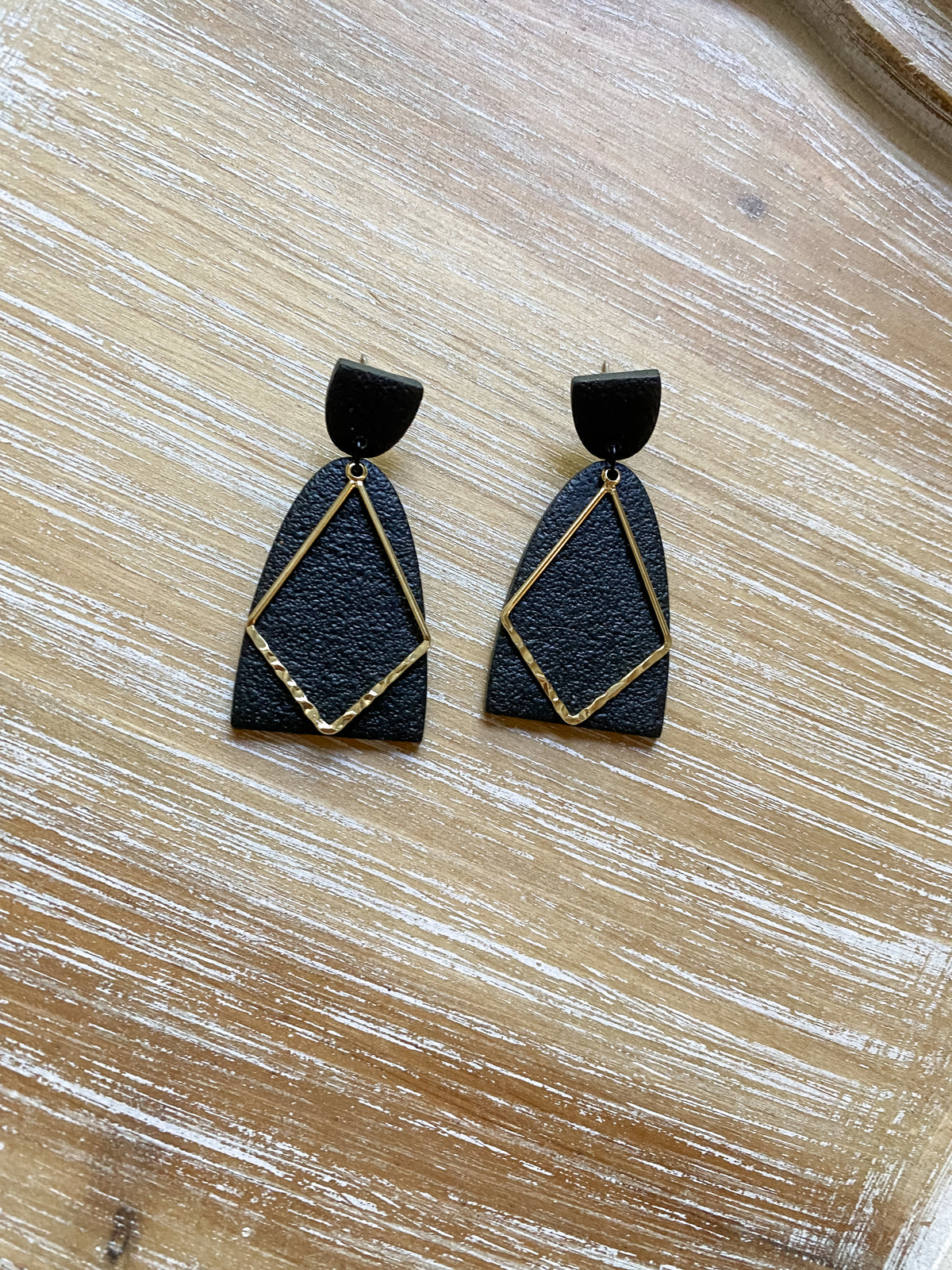 Tall black and gold polymer clay earrings