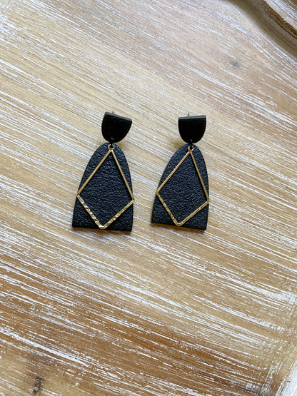 Tall black and gold polymer clay earrings