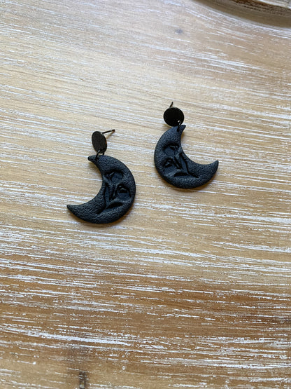 Black floral embossed crescent moon dangles