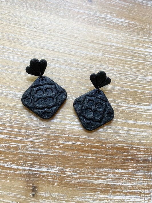 Black square floral embossed earrings